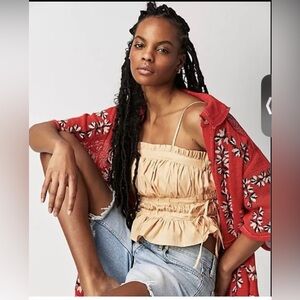 Free People Red and Cream Floral Cardigan